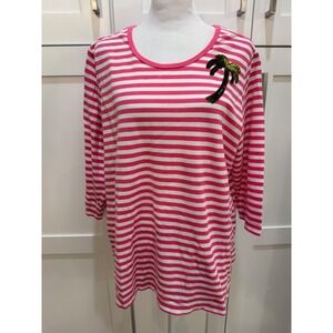 Quacker Factory Pink White Striped Sequin Palm Tree Top 3/4 Sleeve A252088 L